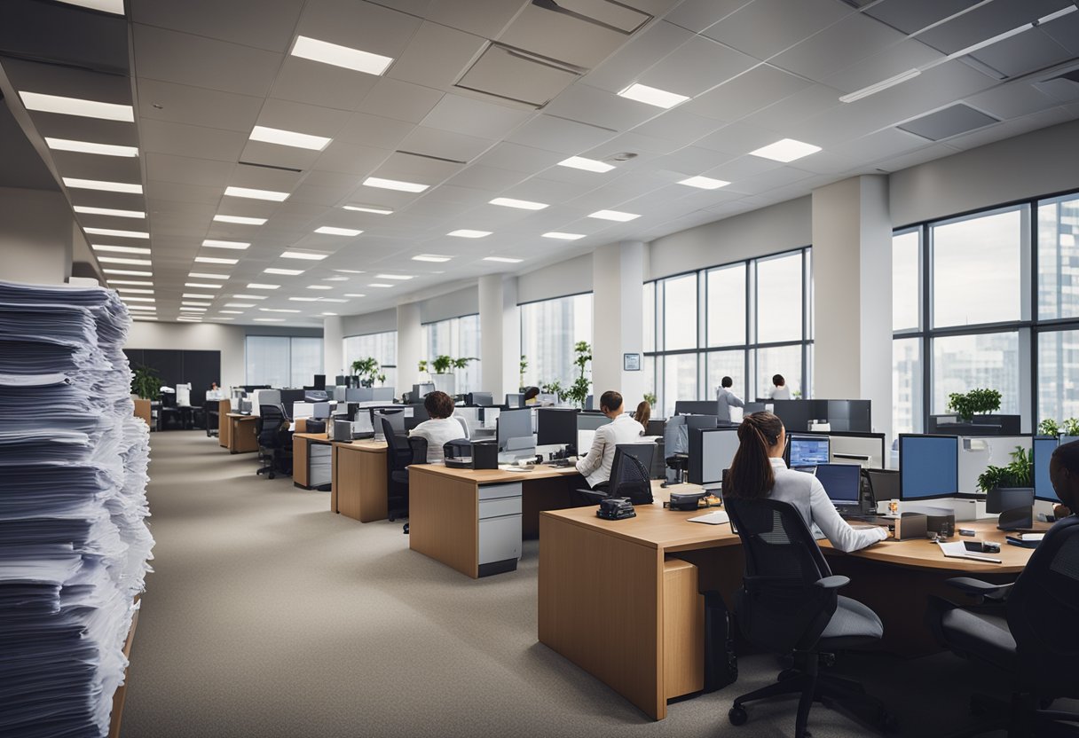A bustling office with employees filing paperwork, computers displaying registration forms, and a wall covered in legal documents and certificates