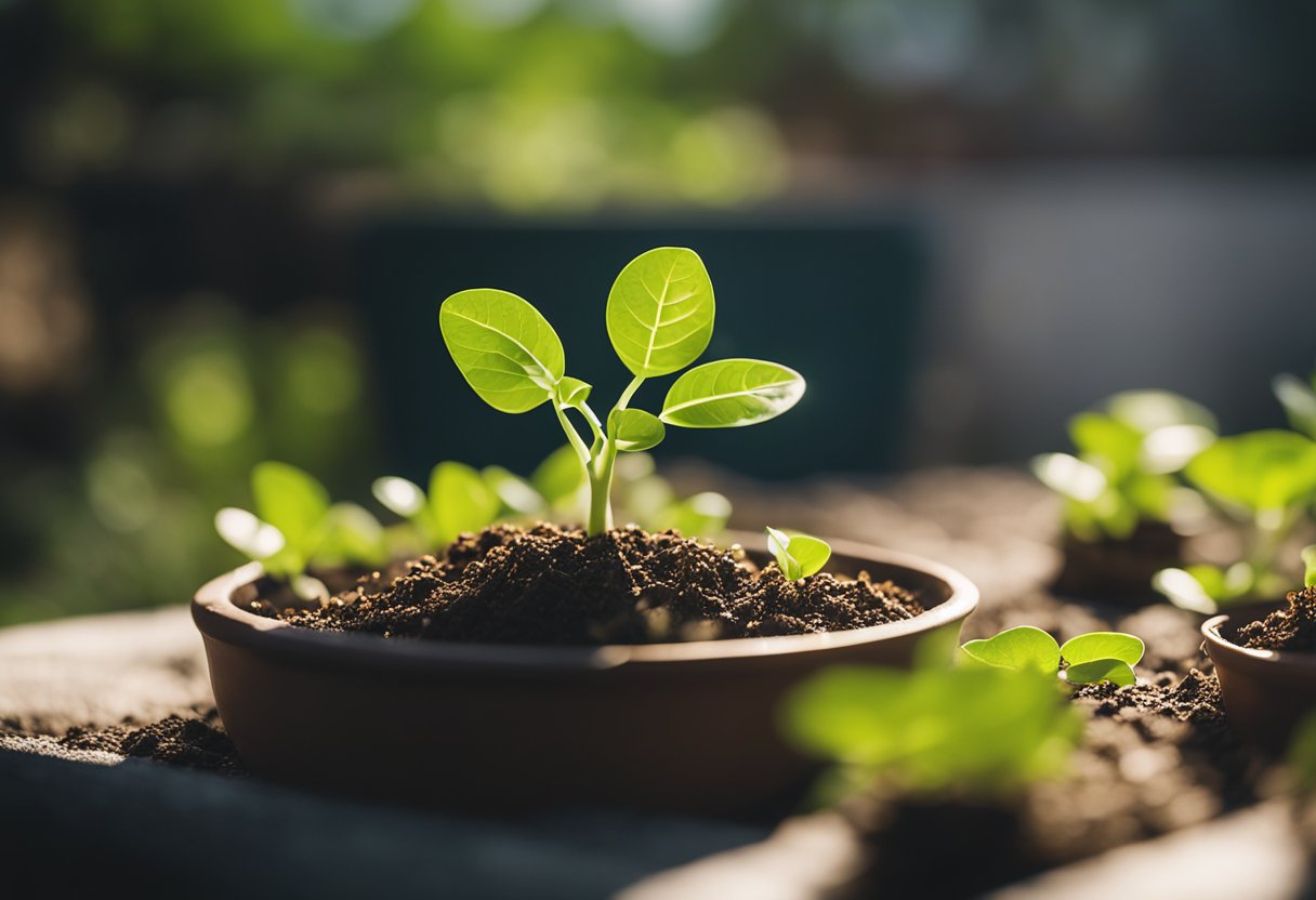 A vibrant green plant sprouts from a small pot, reaching towards the sunlight with strong, healthy leaves and a network of intricate roots spreading out beneath the soil