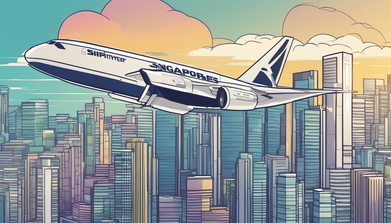 A credit card flies towards a Singapore skyline, trailing KrisFlyer Miles in its wake