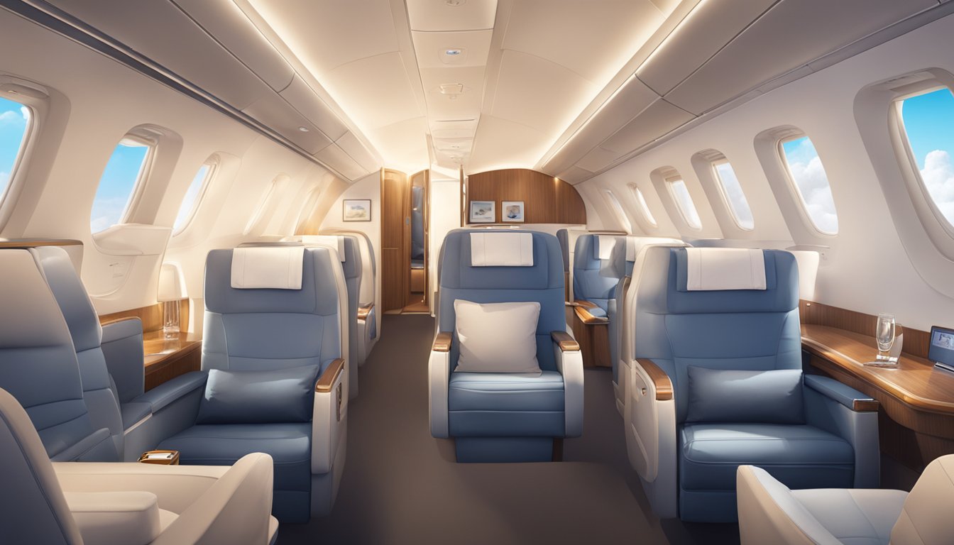 A plane soaring high above the clouds, with the KrisFlyer logo prominently displayed on the tail, and a luxurious cabin interior featuring comfortable seats and elegant amenities