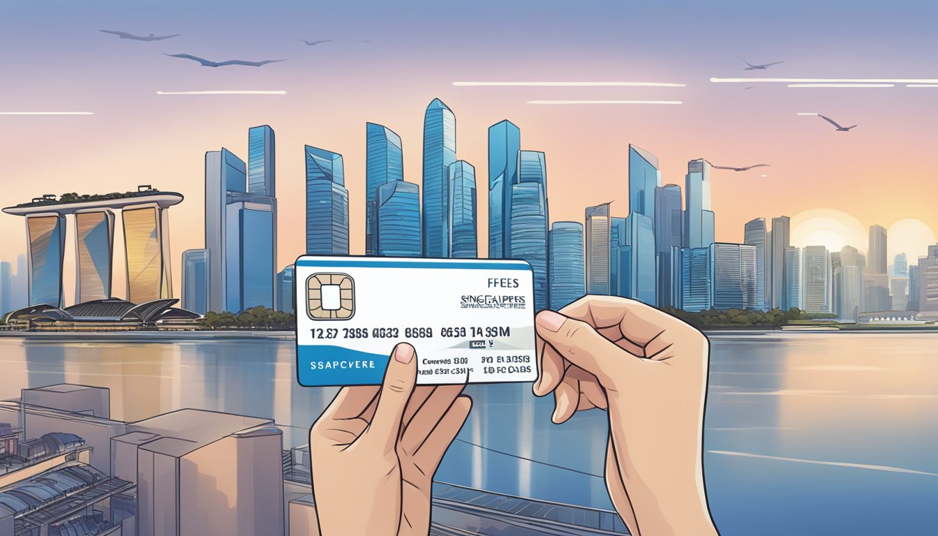 A person holding a krisflyer membership card while looking at a list of fees and charges with the Singapore skyline in the background