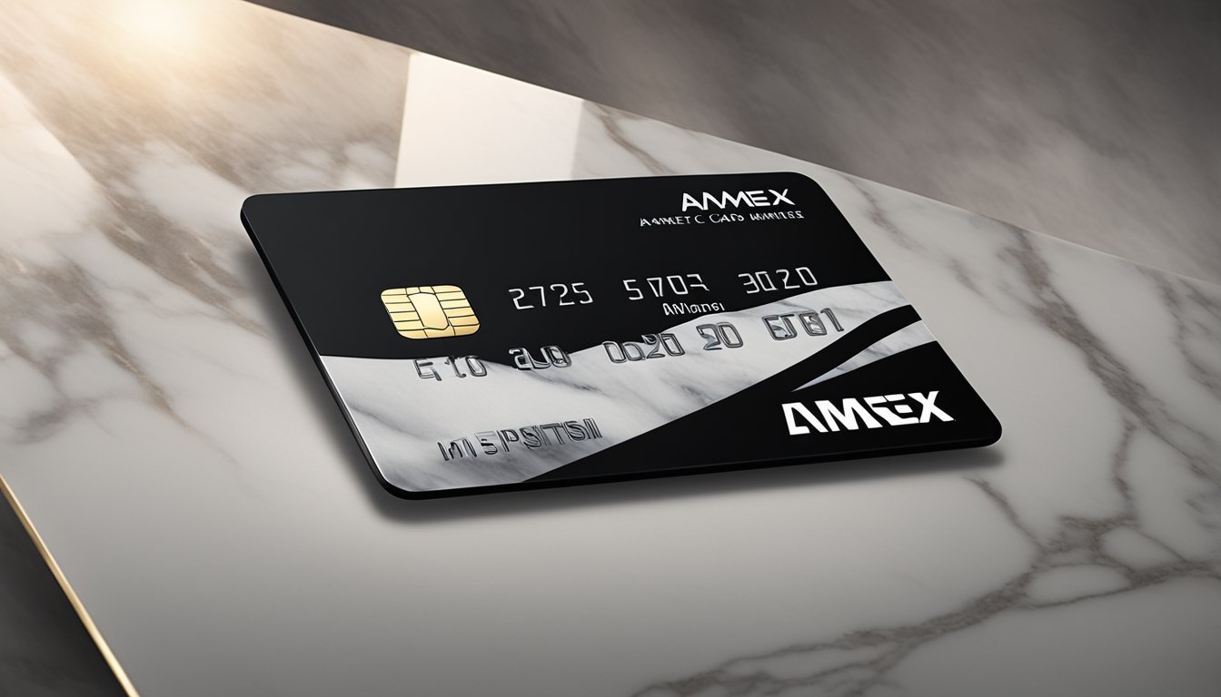 A sleek black Amex card sits on a luxurious marble table, surrounded by a dimly lit, upscale setting in Singapore