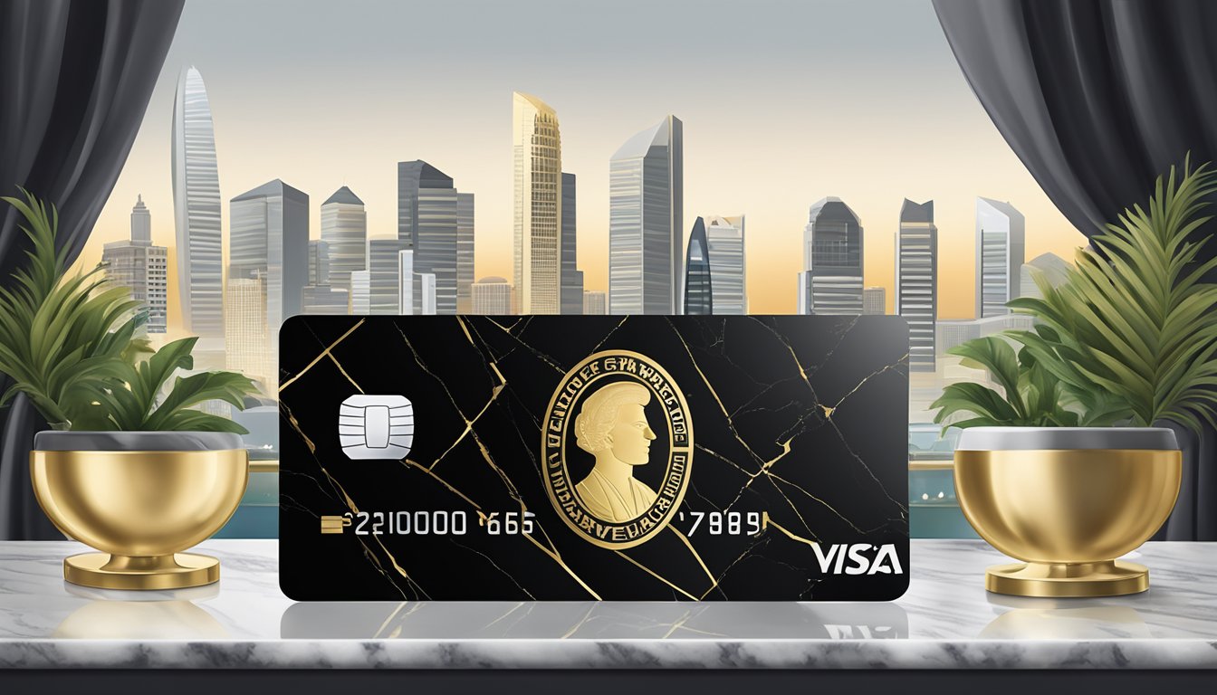 The iconic black Amex card sits on a luxurious marble table, surrounded by elegant gold and silver accents, with a backdrop of a stunning Singapore skyline