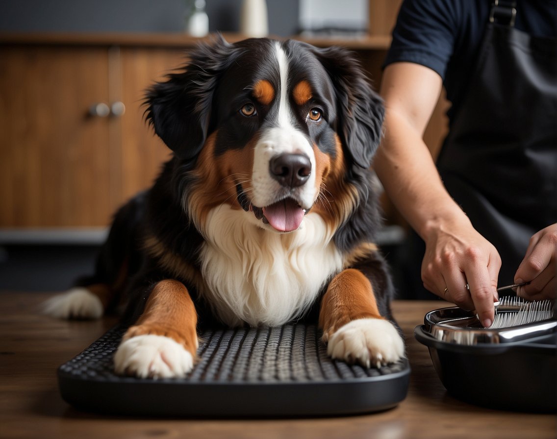 A Bernese Mountain dog sits calmly as a groomer carefully shaves its thick fur, creating a neat and tidy appearance