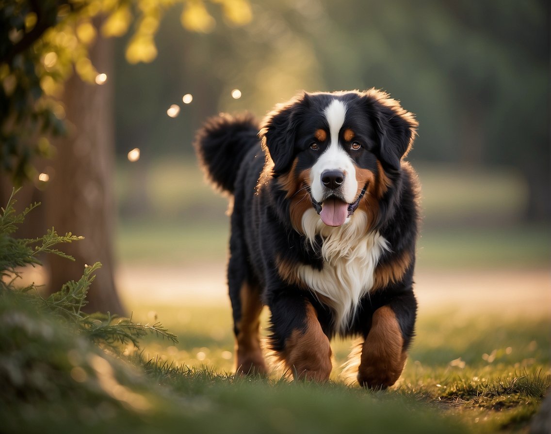 A Bernese Mountain Dog stands with its thick, long coat flowing in the breeze, showcasing its natural beauty and warmth