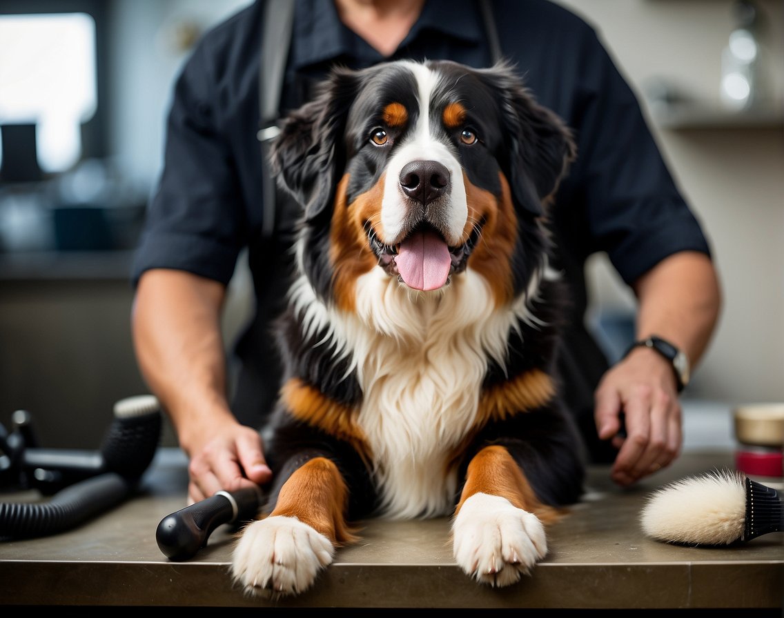 A Bernese Mountain Dog sits calmly as a groomer carefully shaves its fur, using proper techniques for a clean and even trim