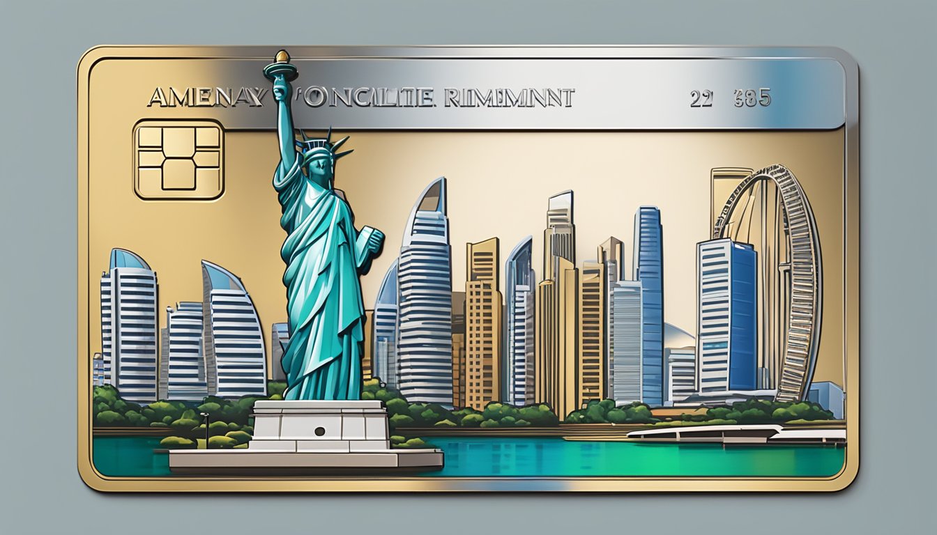 A gleaming Amex metal card against a backdrop of iconic Singapore landmarks