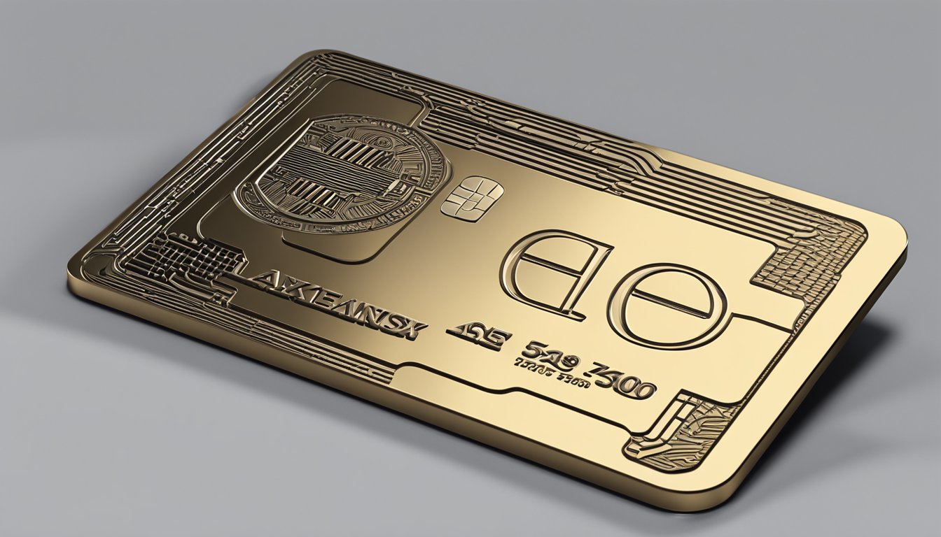 A sleek Amex metal card rests on a polished surface, catching the light with its reflective finish. The iconic Amex logo is embossed on the front, exuding a sense of luxury and prestige