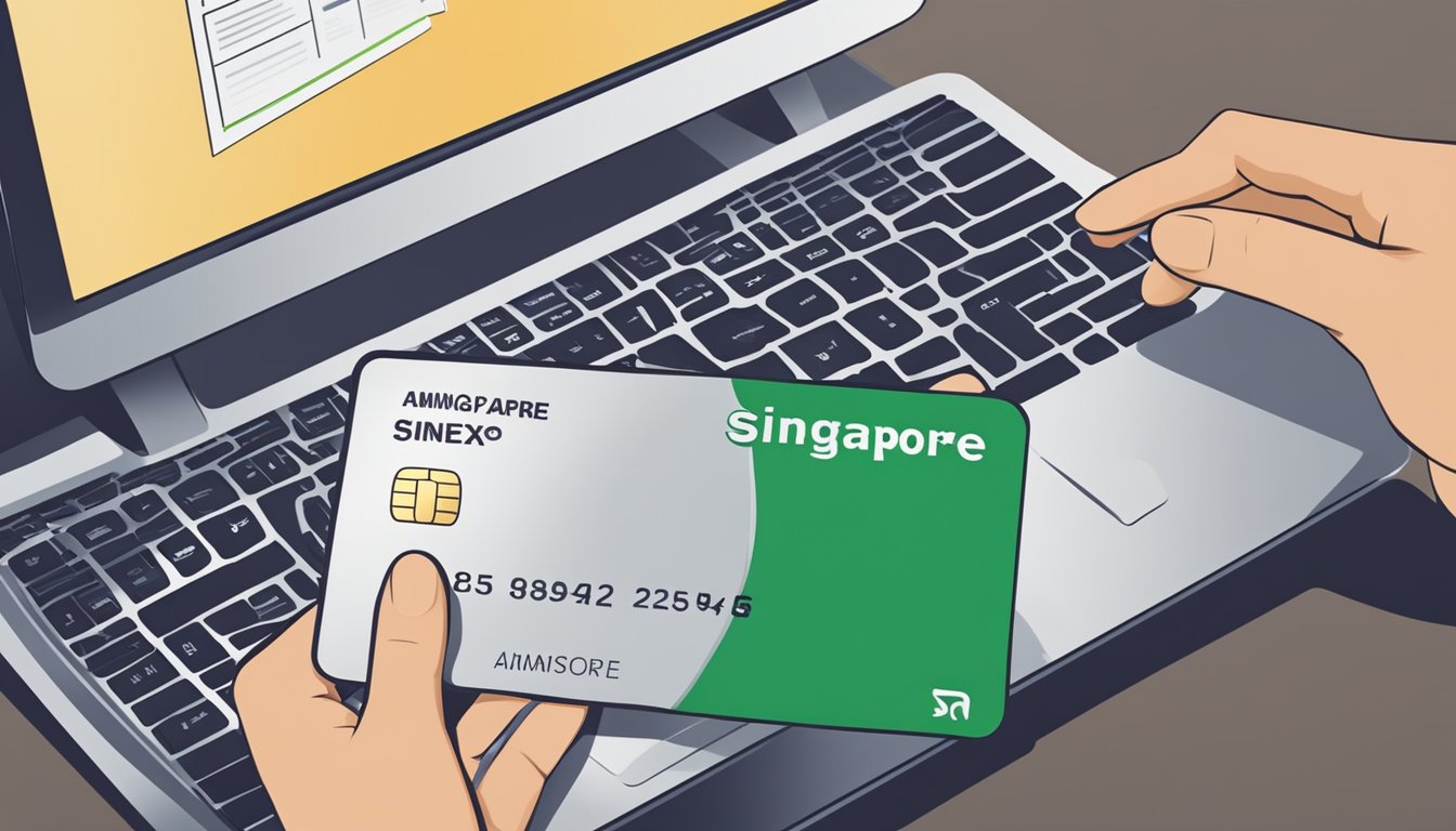 A hand holding a metal card with the words "Amex" and "Singapore" on it, next to a computer with an application form on the screen