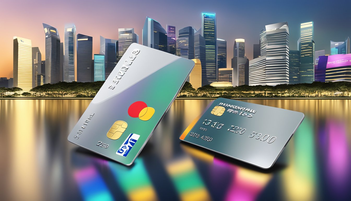 Shiny metal credit cards arranged on a sleek surface, with the Singapore skyline in the background