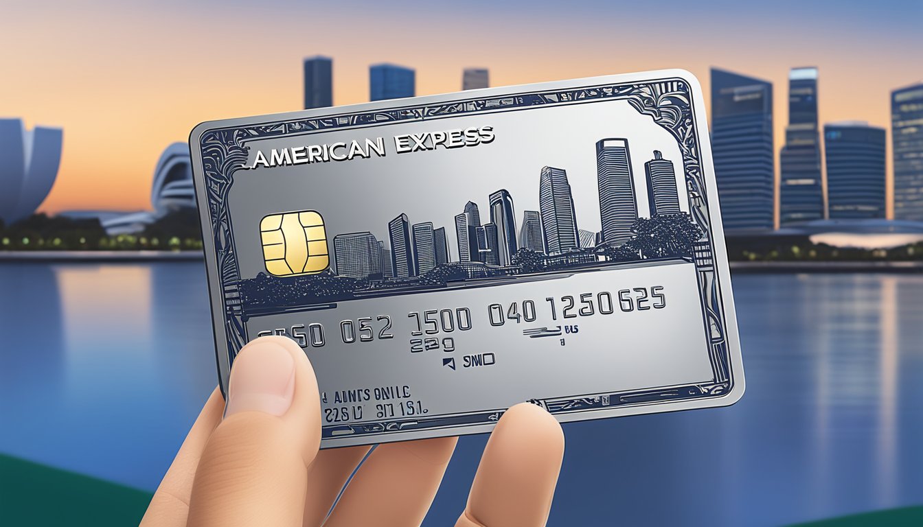 A hand holds an American Express metal card with a skyline of Singapore in the background