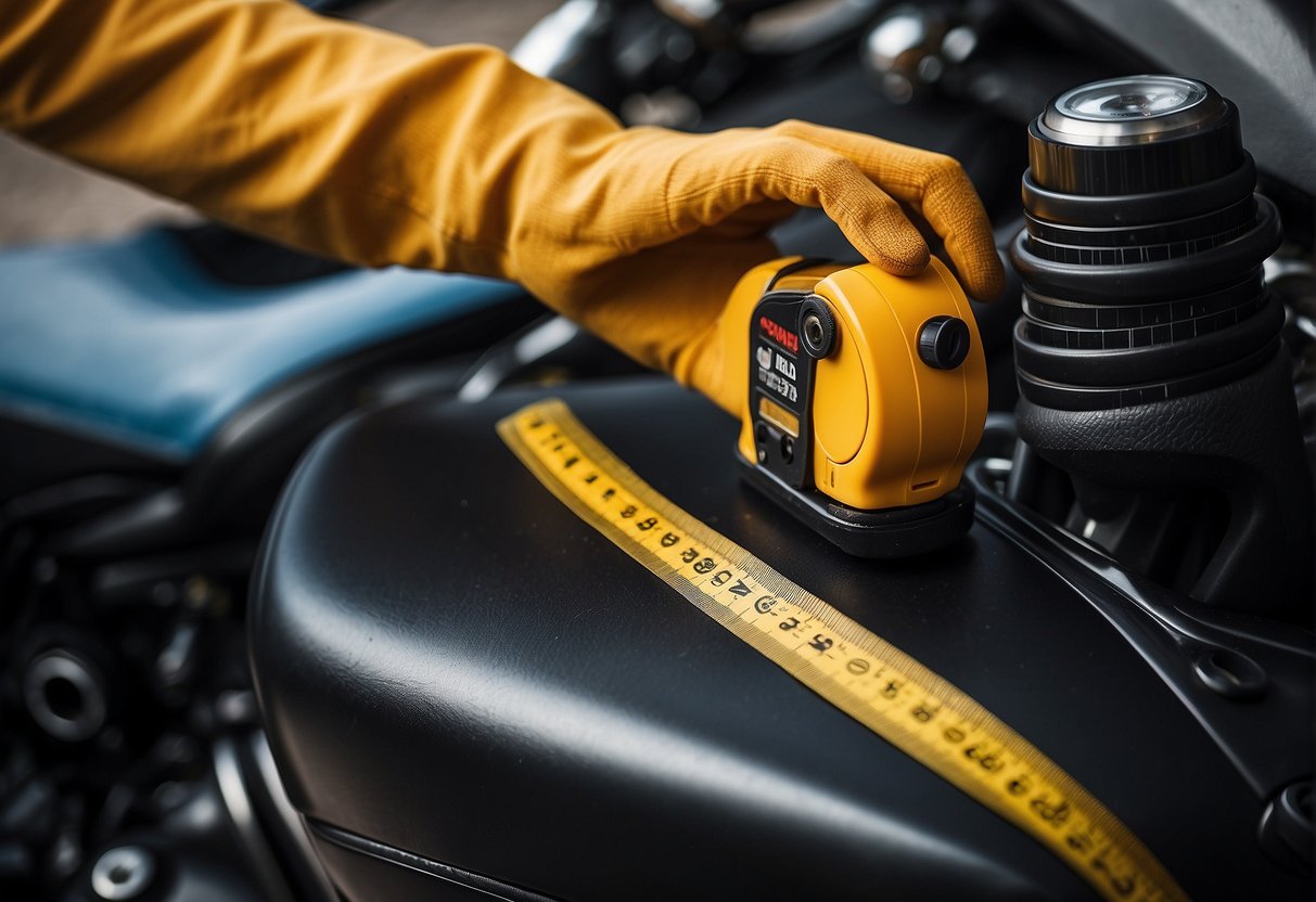 A hand holding a measuring tape against the motorcycle seat. Scissors cutting through new material in the background