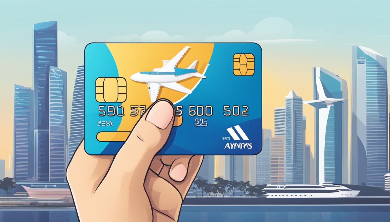 A hand holding a credit card, with the skyline of Singapore in the background