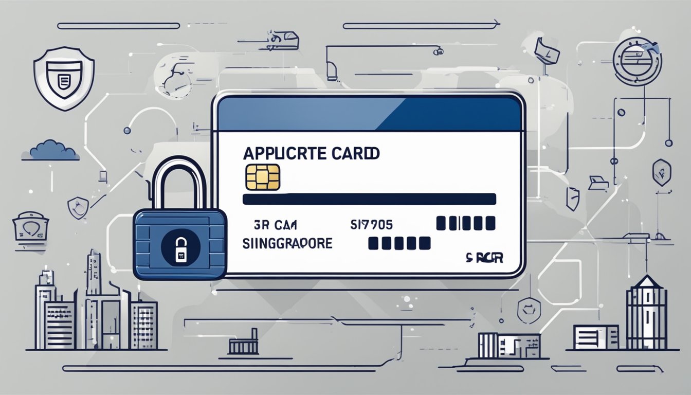A credit card with security features, surrounded by a padlock and shield, symbolizing protection. The card is adorned with the words "Apply Credit Card Singapore."