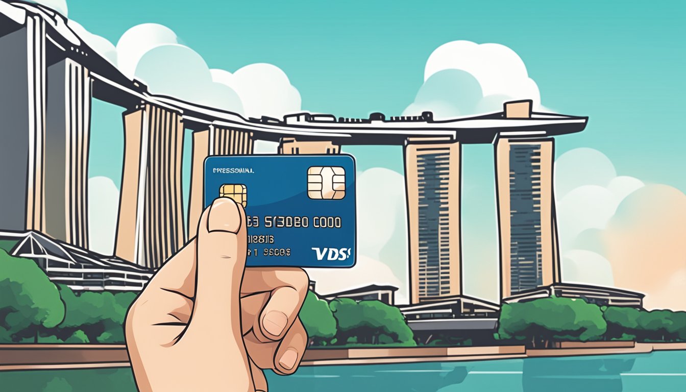 A hand holding a DBS debit card in front of a Singaporean landmark, with the card facing the viewer and the landmark in the background