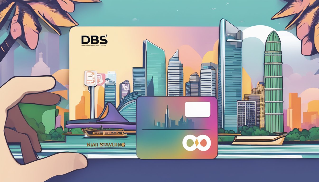 A hand holding a DBS debit card, with the DBS logo clearly visible, against a backdrop of iconic Singapore landmarks