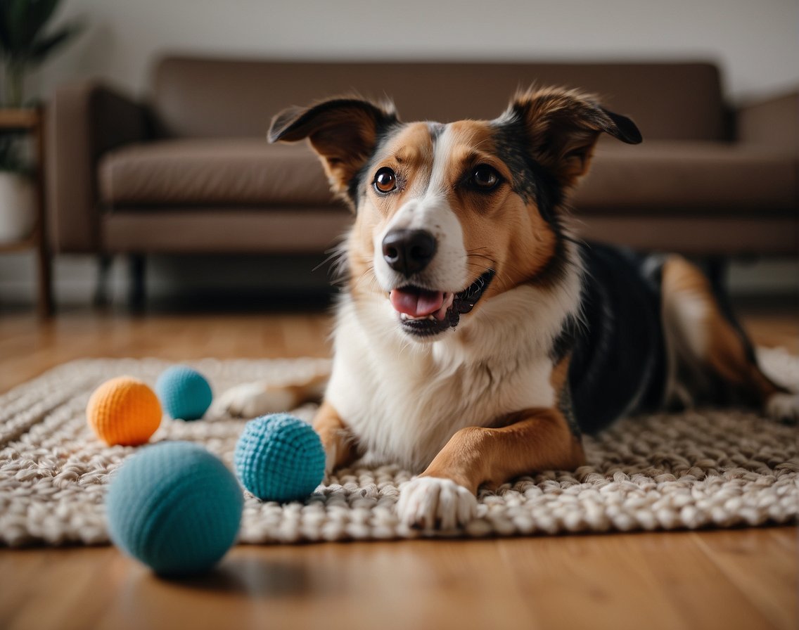 A dog sits on a rug, licking its paw. A person holds a chew toy, trying to distract the dog