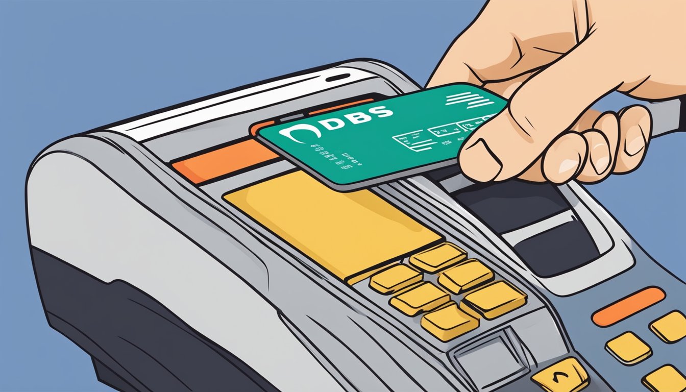 A hand swipes a DBS debit card at a payment terminal in Singapore, maximizing card usage