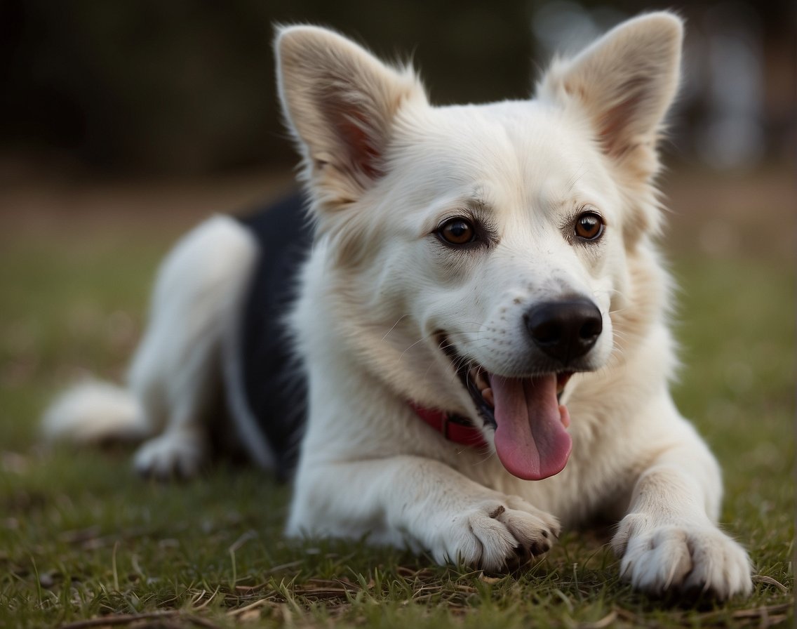 A dog sitting on the floor, licking its paw with a concerned expression. The paw appears red and irritated, indicating discomfort