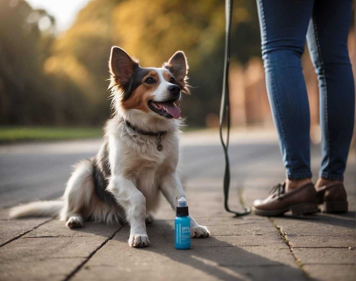 A dog sitting on a soft surface, lifting its paw to lick. Another dog nearby with a concerned expression, and a person holding a bottle of paw spray