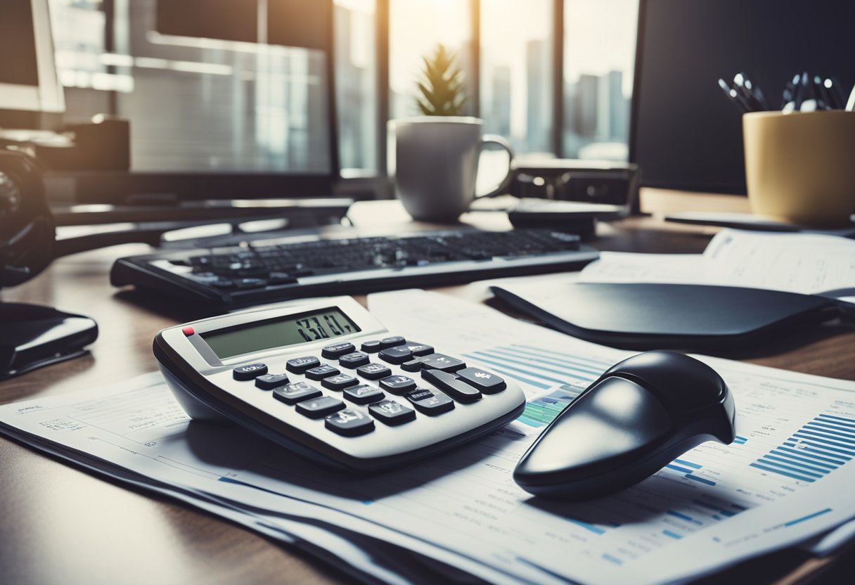 A desk with a computer, calculator, and financial documents. A chart showing budget allocation and savings. A clock indicating time management