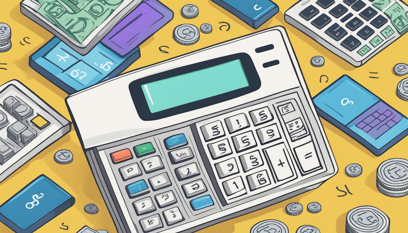 A calculator surrounded by dollar signs and percentage symbols, with a bold headline "Understanding the Costs: Interest Rates and Fees" above it