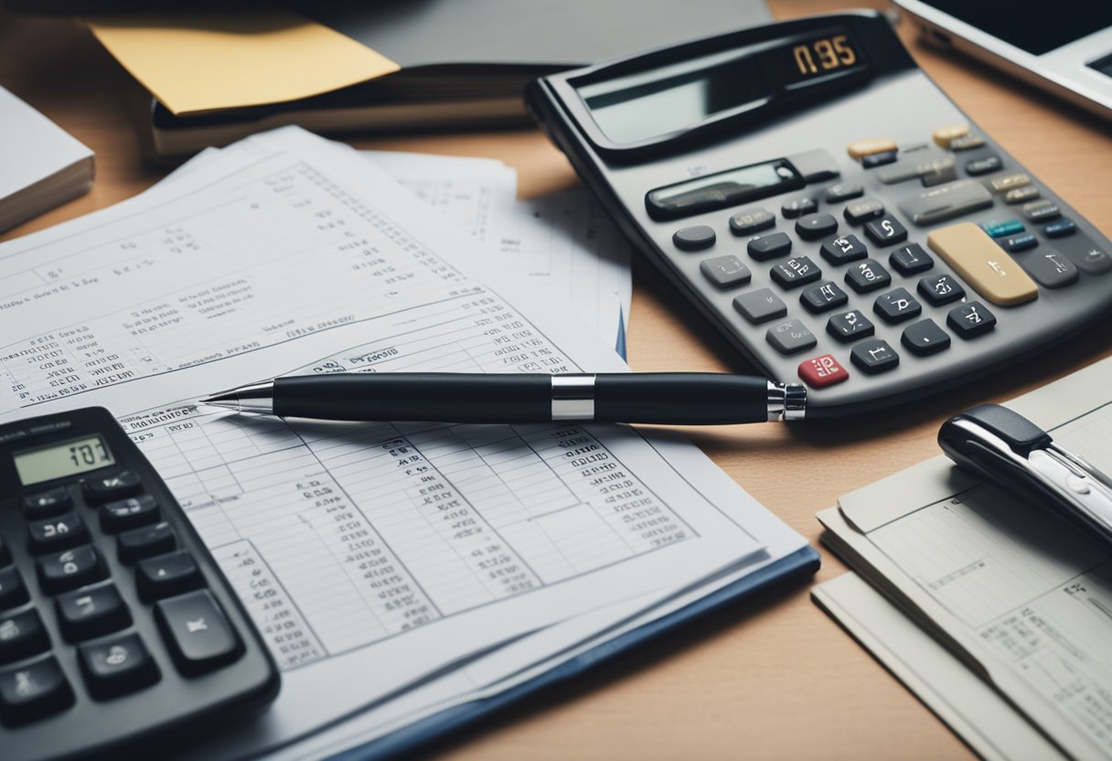 A desk cluttered with financial documents, a calculator, and a notebook. A hand holding a pen fills in a budget spreadsheet. A stack of bills and a calendar sit nearby