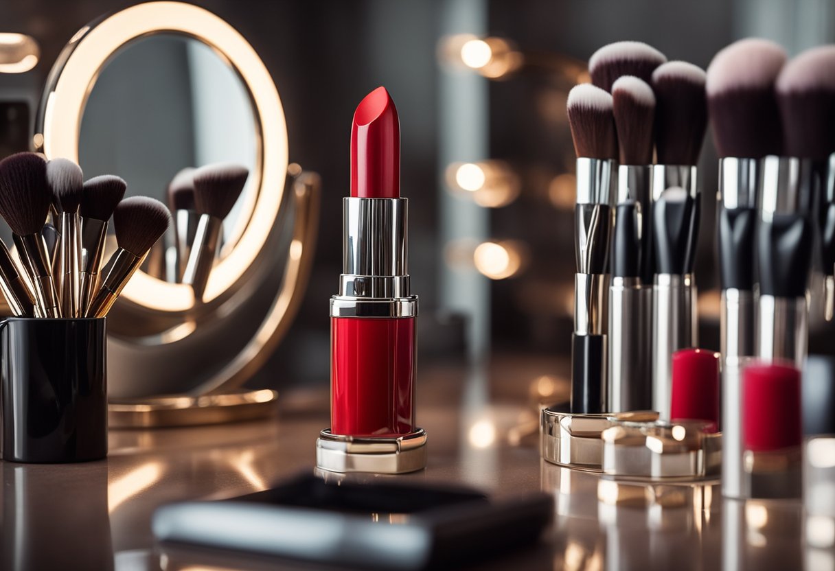 A red lipstick tube sits on a vanity, surrounded by makeup brushes and a mirror. The lipstick is open, showing the vibrant shade inside