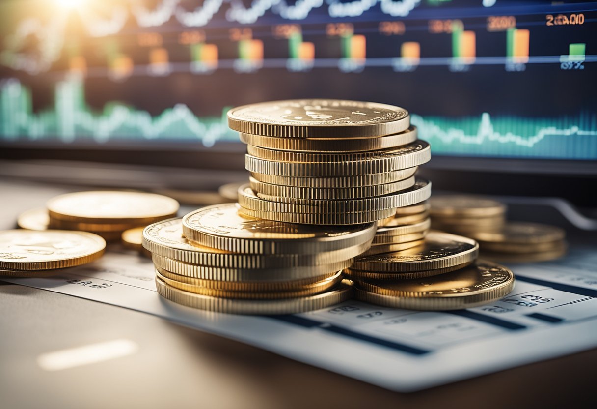 A stack of dollar bills and coins surrounded by financial charts and graphs, with a shining light symbolizing successful money management