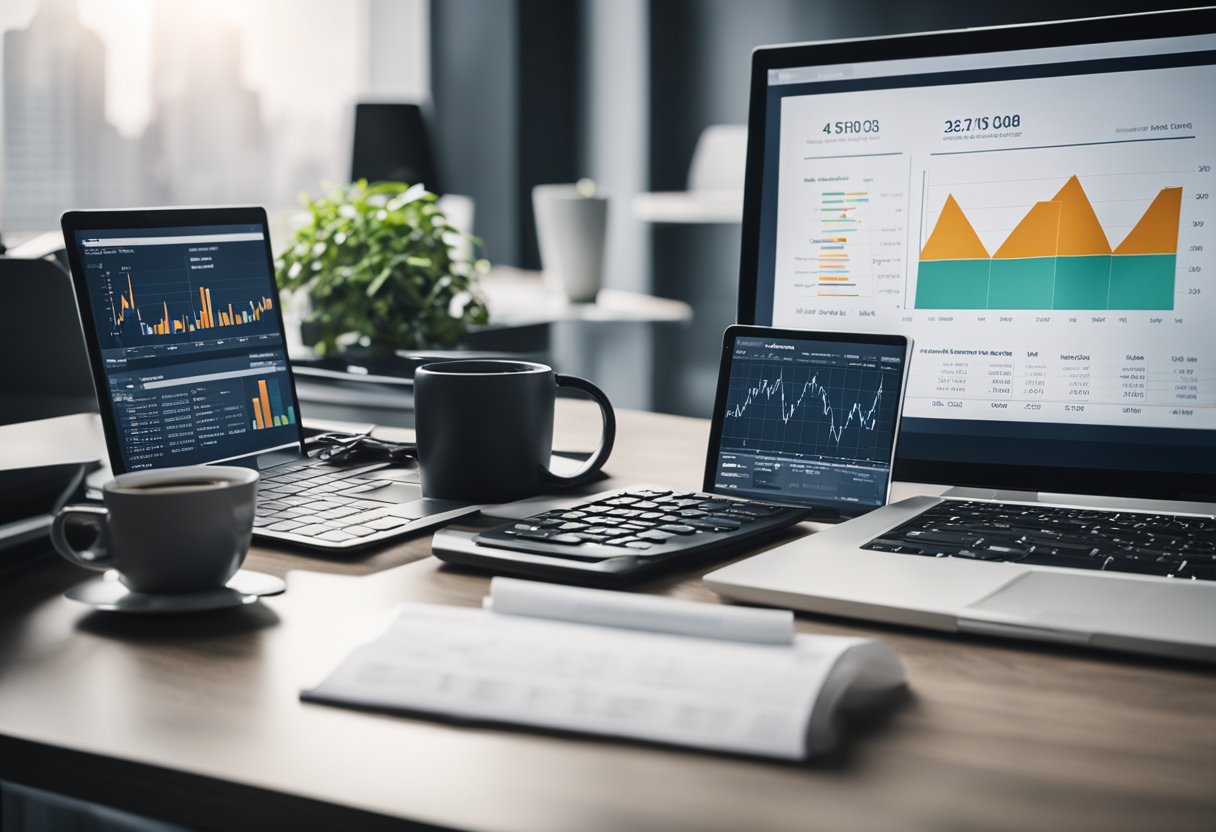 A desk with a laptop, calculator, and financial documents. Charts and graphs on the wall. A strategic financial planning guide open on the desk