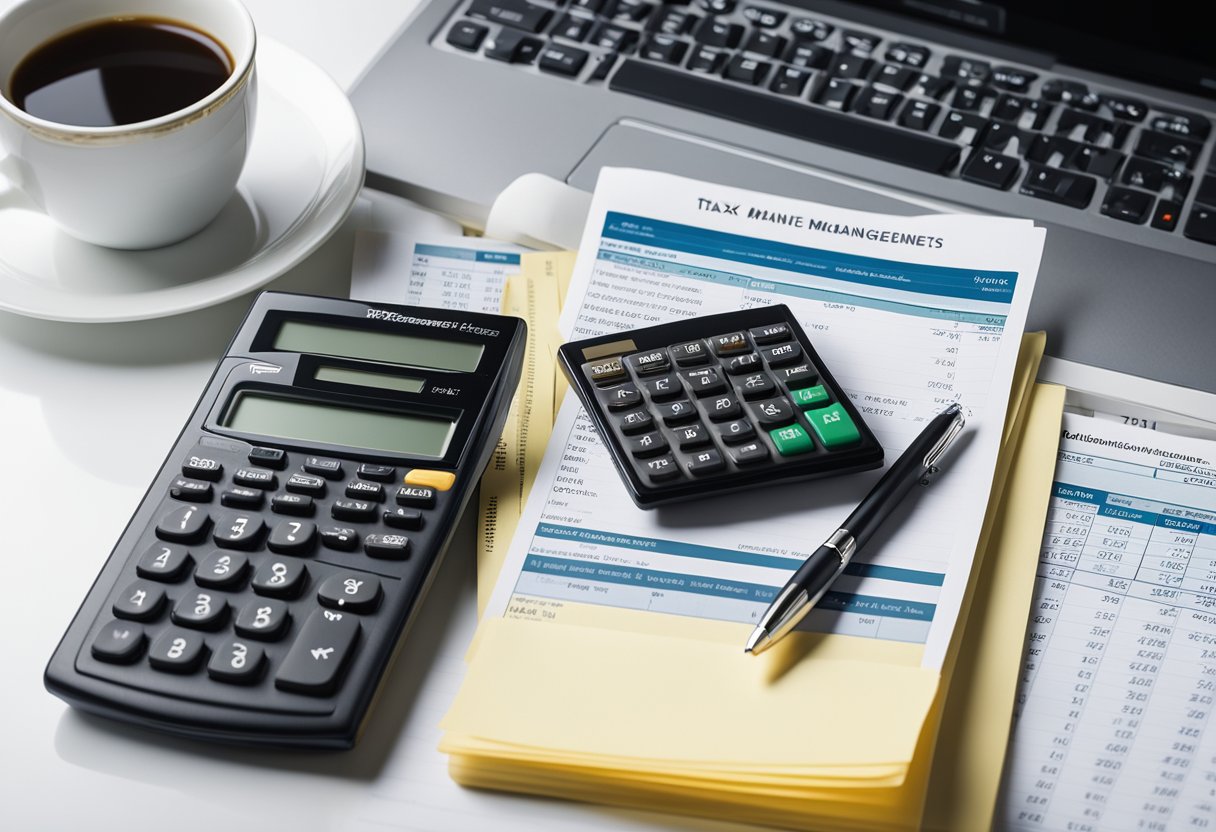 A stack of financial documents on a desk, a calculator, and a computer showing a spreadsheet with income and expenses. A "Tax Management Guide to Effective Business Money Management" book is open next to them