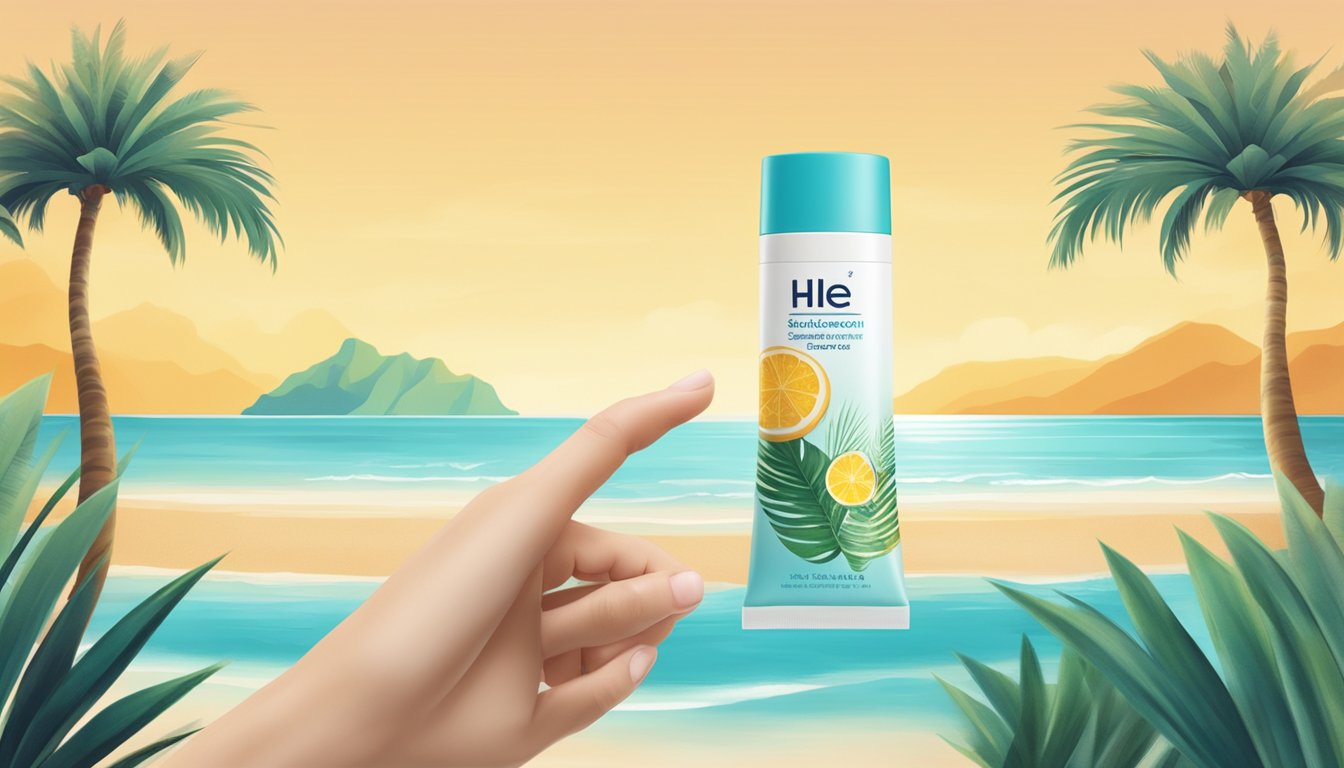 A hand reaching for a tube of HLE Singapore sunscreen, with a tropical beach and palm trees in the background