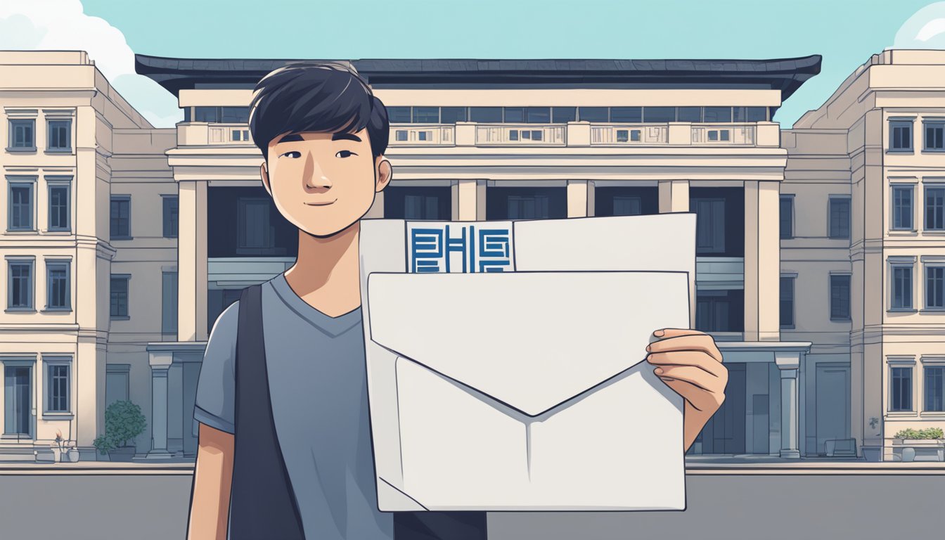 A person holding a letter with "HLE" written on it, standing in front of a Singaporean building