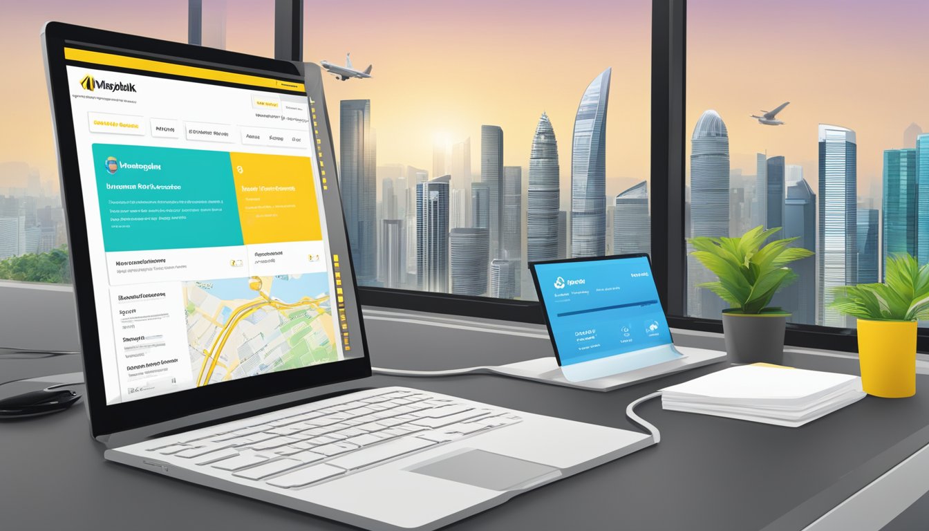 A computer screen displays the Maybank website with a "Understanding Account Features" section. A mouse cursor hovers over the "Apply Now" button, with a Singaporean skyline in the background