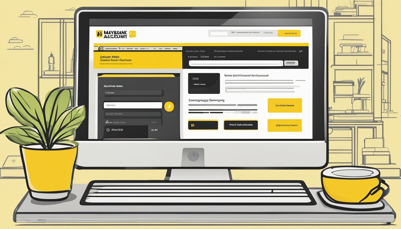 A computer screen displaying the Maybank website with the option to apply for a savings account online in Singapore