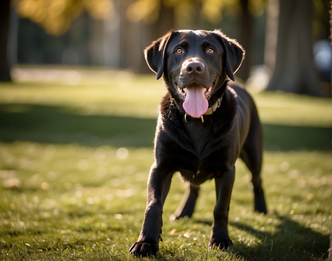 A Labrador Retriever stands proudly with a wagging tail, its glossy coat shining in the sunlight. The dog's friendly expression and athletic build are highlighted as it eagerly awaits a game of fetch