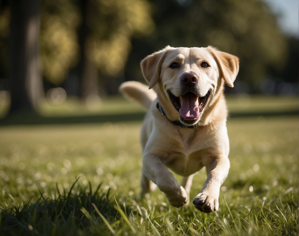 A happy and energetic Labrador Retriever playing fetch in a grassy park, with its tongue hanging out and tail wagging