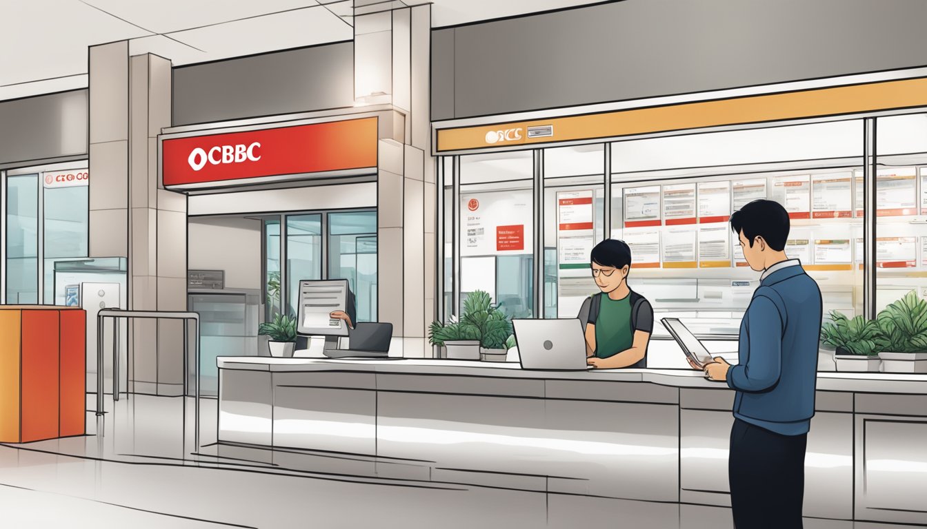A person fills out a form to apply for an OCBC Debit Card at a bank branch in Singapore