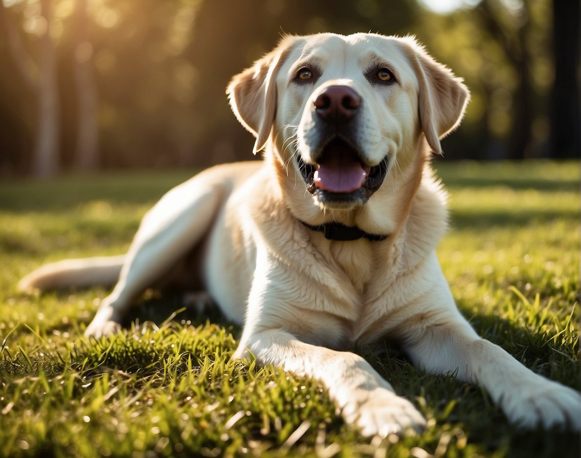 A Labrador Retriever lies on a grassy field, wagging its tail and looking up with bright, attentive eyes. Its glossy coat shines in the sunlight, and its friendly demeanor is evident