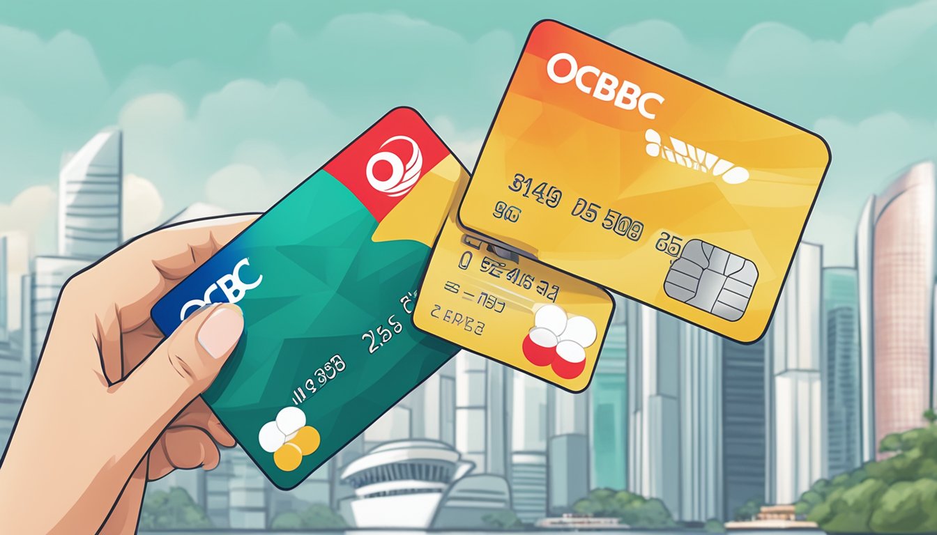 A hand holding an OCBC debit card against a Singapore backdrop