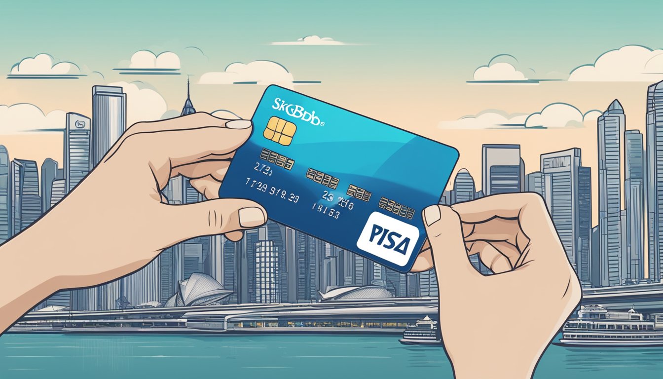 A hand holding a POSB debit card, with a Singaporean skyline in the background
