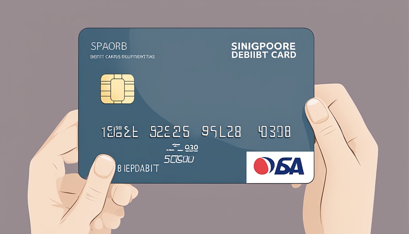 A hand holding a Singaporean POSB debit card with eligibility and documentation requirements written in the background