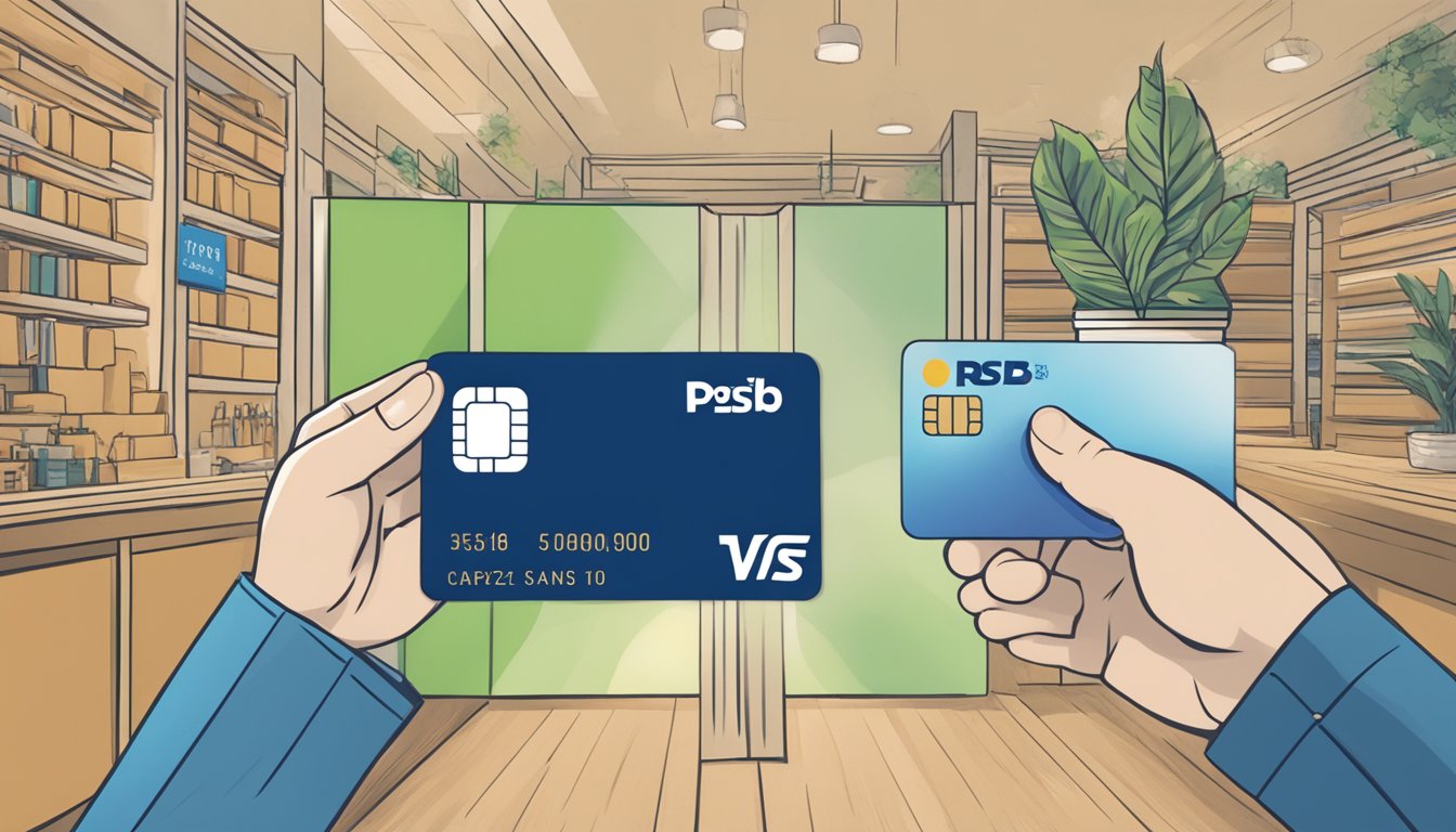 A hand holding a POSB debit card, with the card facing forward and the POSB logo clearly visible