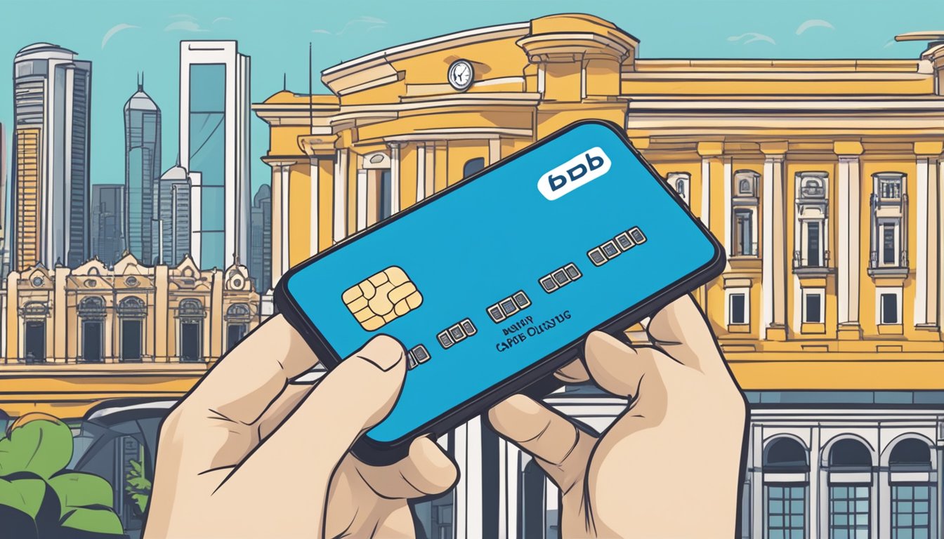 A hand holding a POSB debit card, with a smartphone displaying the "Managing Your Card" interface, against a backdrop of iconic Singapore landmarks