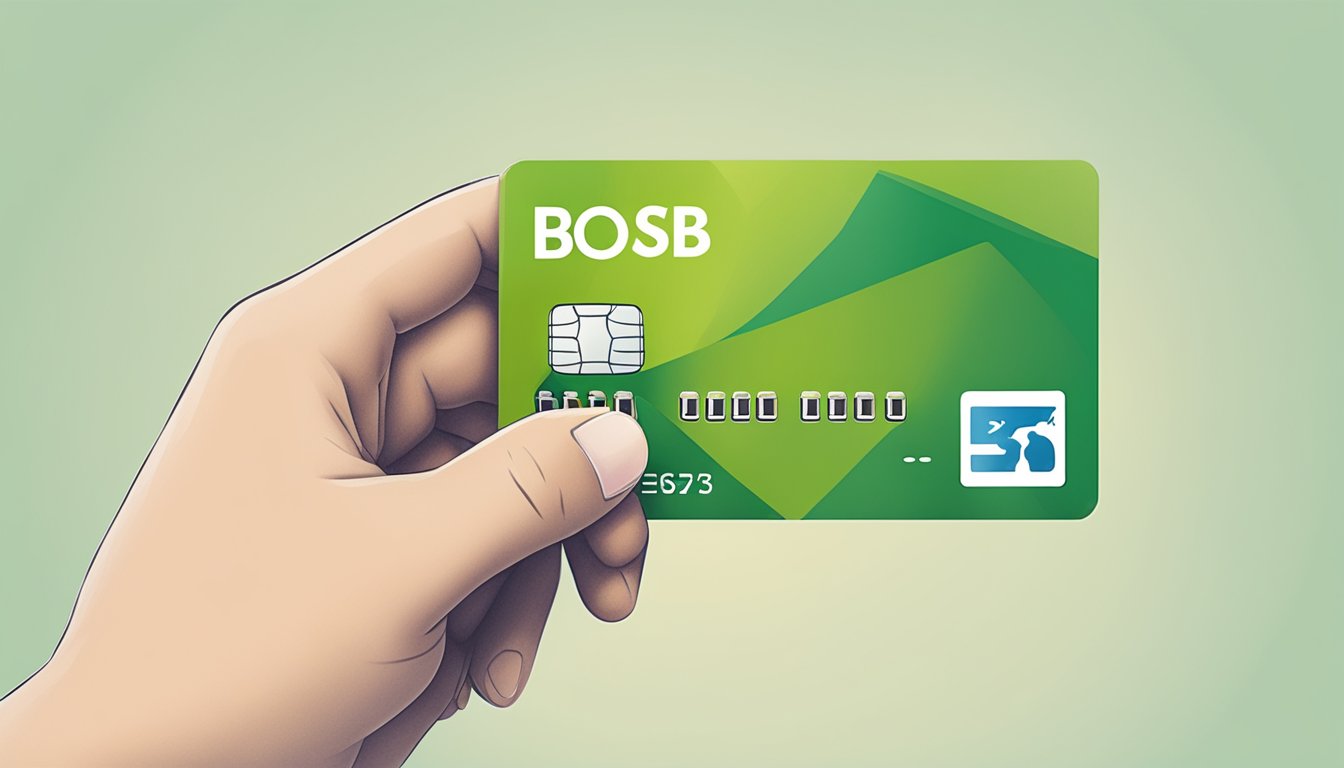 A hand holding a POSB debit card with a FAQ list in the background
