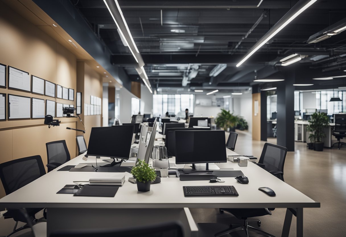 A bustling office with modern technology and efficient workflow, showcasing collaboration and productivity