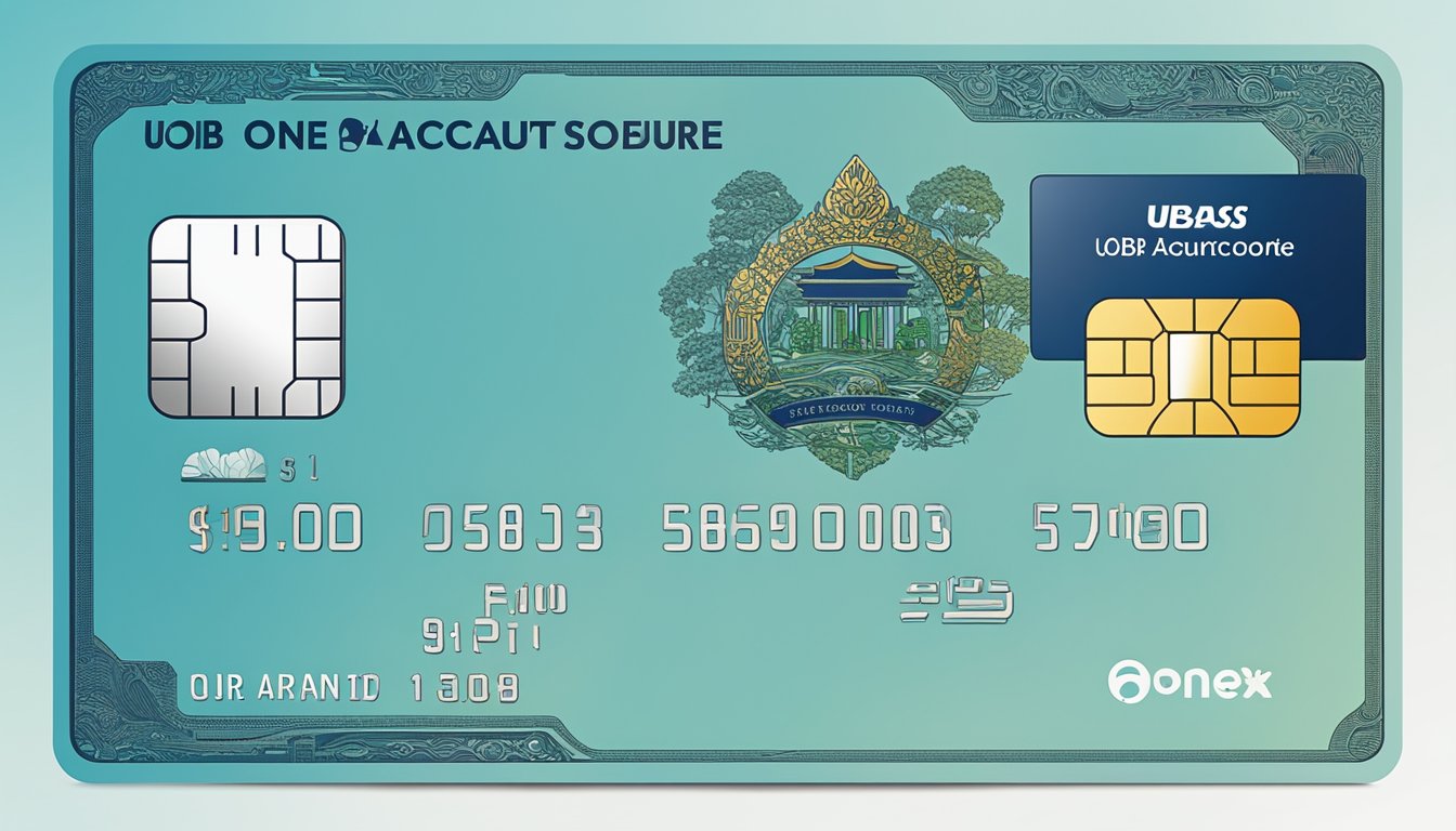 A bank card with "UOB One Account Singapore" displayed, surrounded by terms and benefits text