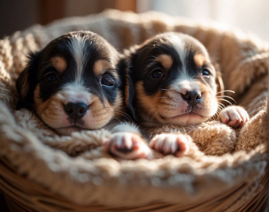 Newborn puppies in a cozy nest, their eyes closed. A warm light filters in through the window, casting soft shadows on their tiny bodies