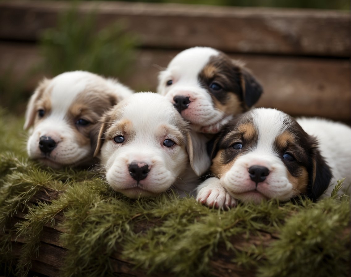 A litter of newborn puppies lying close together. One of them is beginning to open its eyes, while the others are still tightly shut