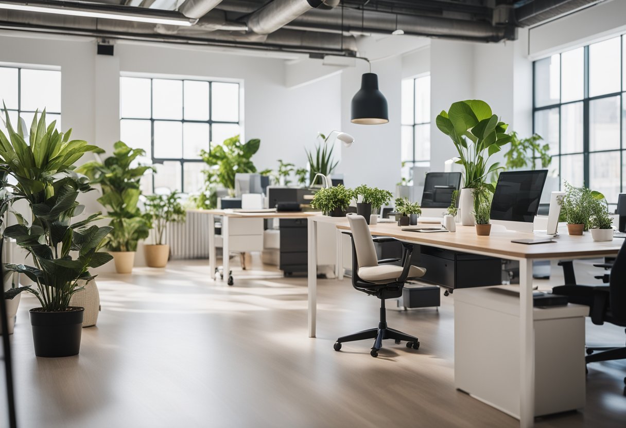 A bright, organized office space with modern furniture and plenty of natural light. Plants and motivational posters adorn the walls, creating a positive and uplifting atmosphere